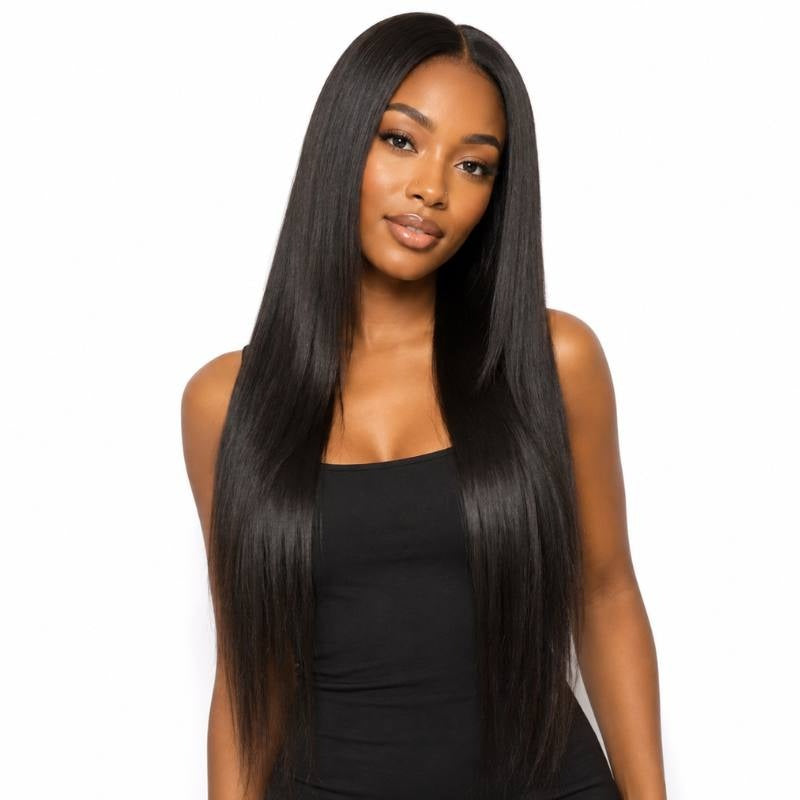 Model facing the camera wearing long natural black straight sew-in hair extensions with a middle part over a black top