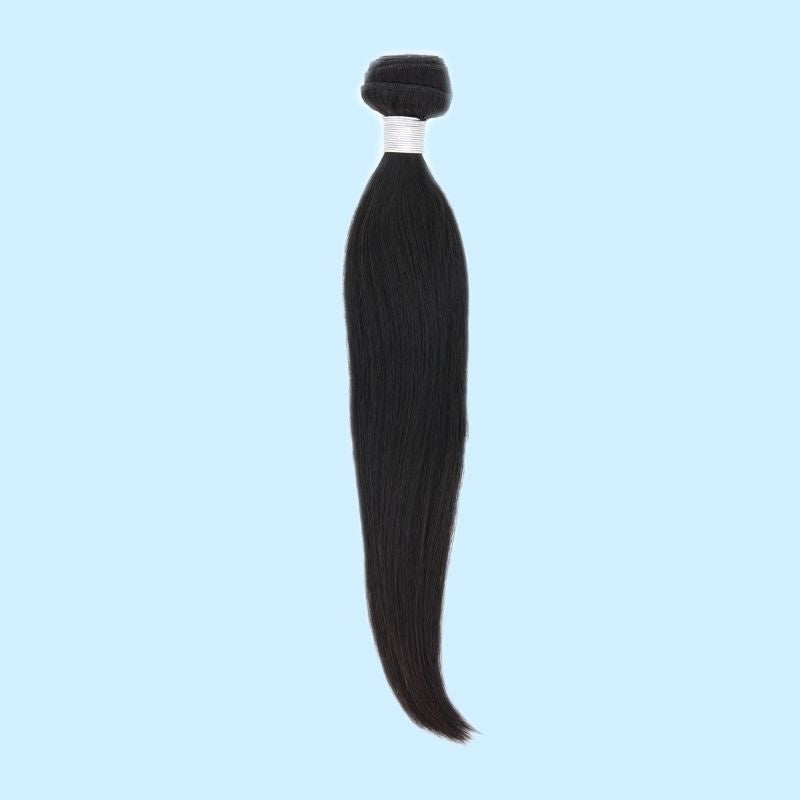 Single bundle of natural black straight sew-in hair extensions on a pale blue backdrop with a white band wrapped around the weft