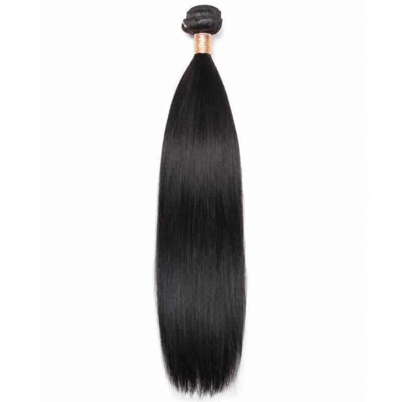 Single bundle of natural black straight sew-in hair extensions hanging on a white background with gold thread wrapped around the weft