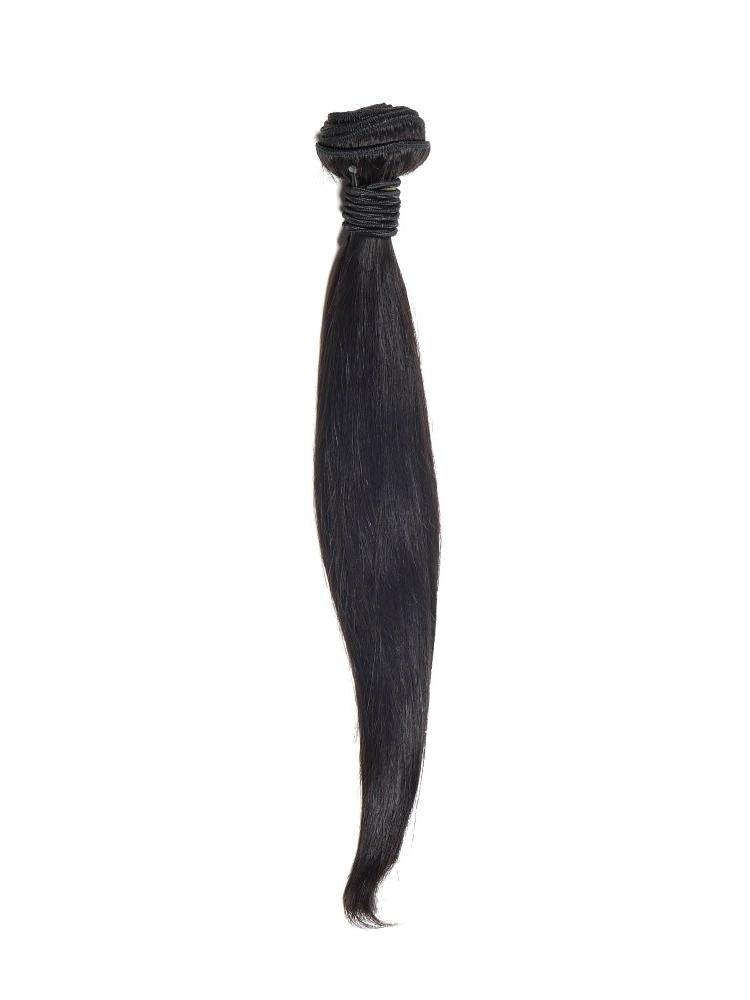 Single bundle of natural black straight sew-in hair extensions standing upright on a white background with the coiled weft wrapped in thread