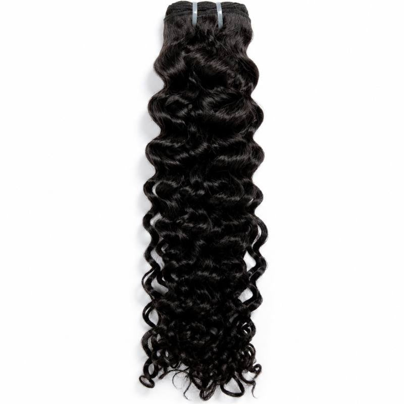 Natural black sew-in hair extensions weft on a white background with spiral waves tightening into ringlets toward the ends