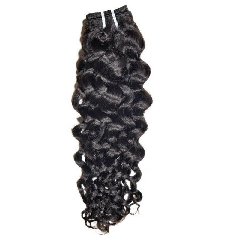 Single weft of natural black sew-in hair extensions hanging from its stitched track showing the full drop of the wave pattern