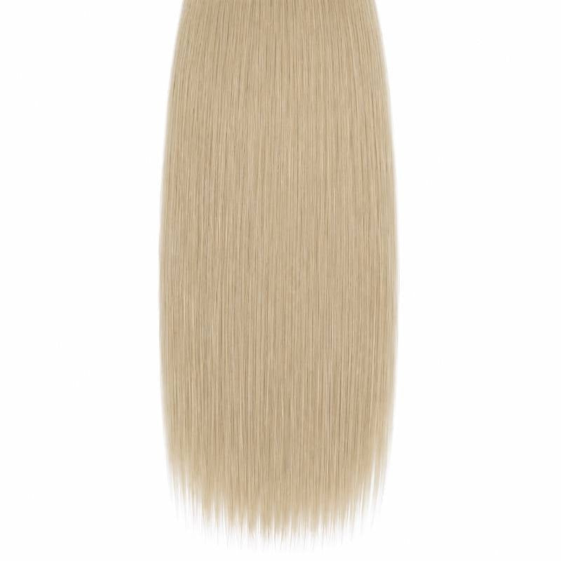 Close-up of blonde straight sew-in hair extensions showing the smooth straight strands through the mid lengths on a white background