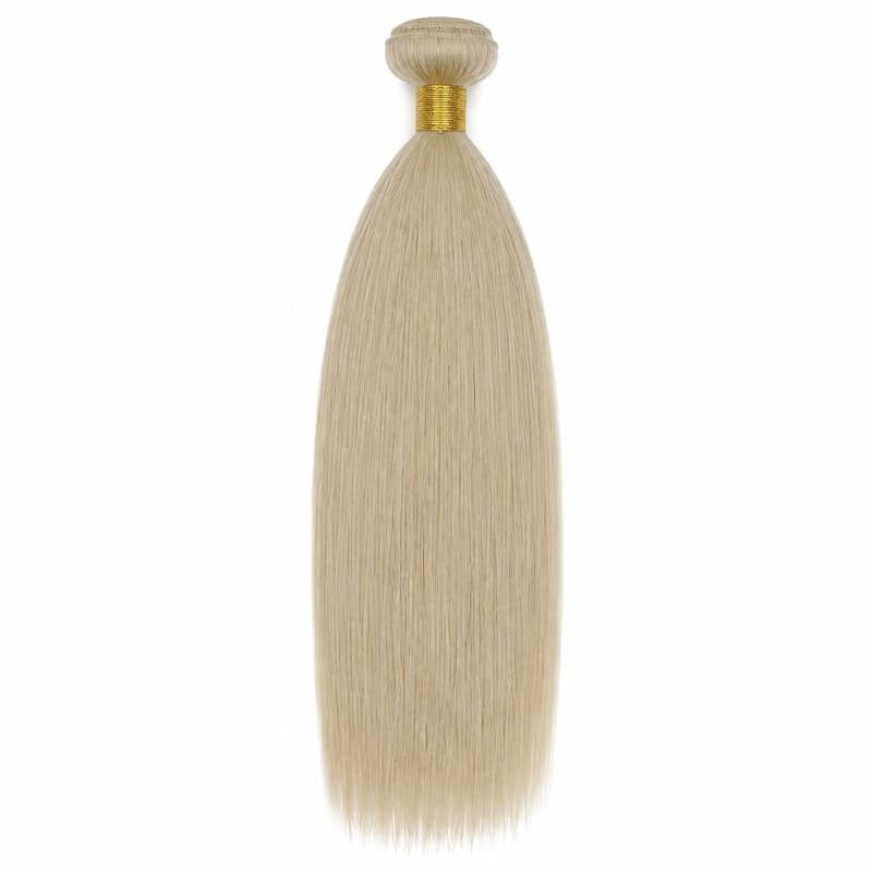 Single bundle of blonde straight sew-in hair extensions standing upright on a white background with gold thread wrapped around the weft