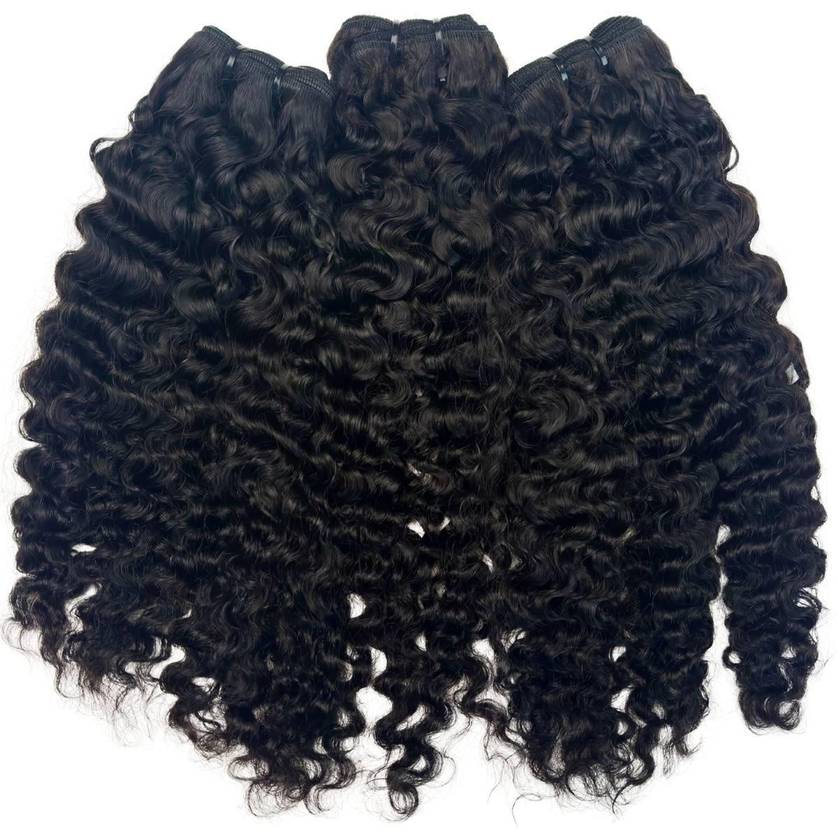 Burmese Curly Human Hair Bundle Deal - three bundles fanned out, full view