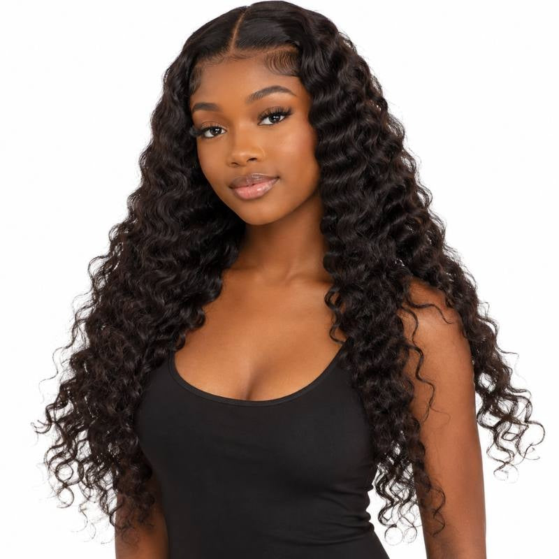 Model on a white background wearing long natural black curly sew-in hair extensions with a middle part and a black tank top