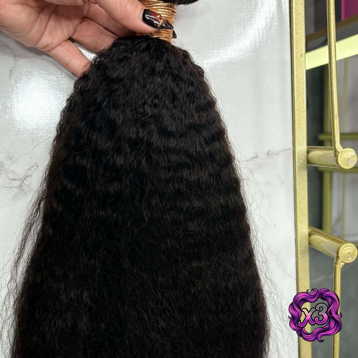 3 bundle deal — 16 inch Brazilian kinky straight sew-in hair extensions bundle in gold frame showing blow-out texture from weft to tips