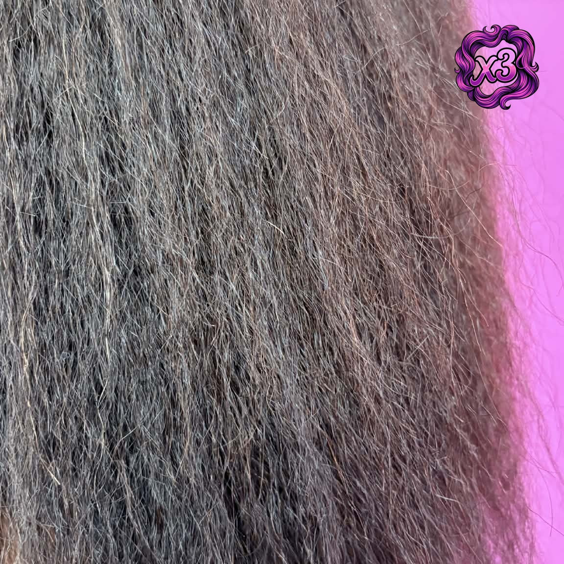 3 bundle deal — Macro close-up of 16 inch Brazilian kinky straight sew-in hair extensions texture showing natural kinks and blow-out pattern