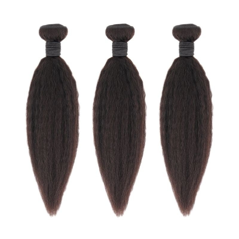 Three bundles of natural black kinky straight sew-in hair extensions on a white background with dark thread wrapped around each weft