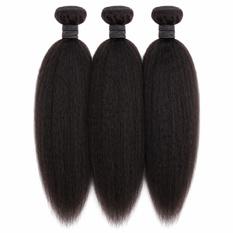 Three bundles of natural black kinky straight sew-in hair extensions overlapping on a white background with dark thread bound wefts