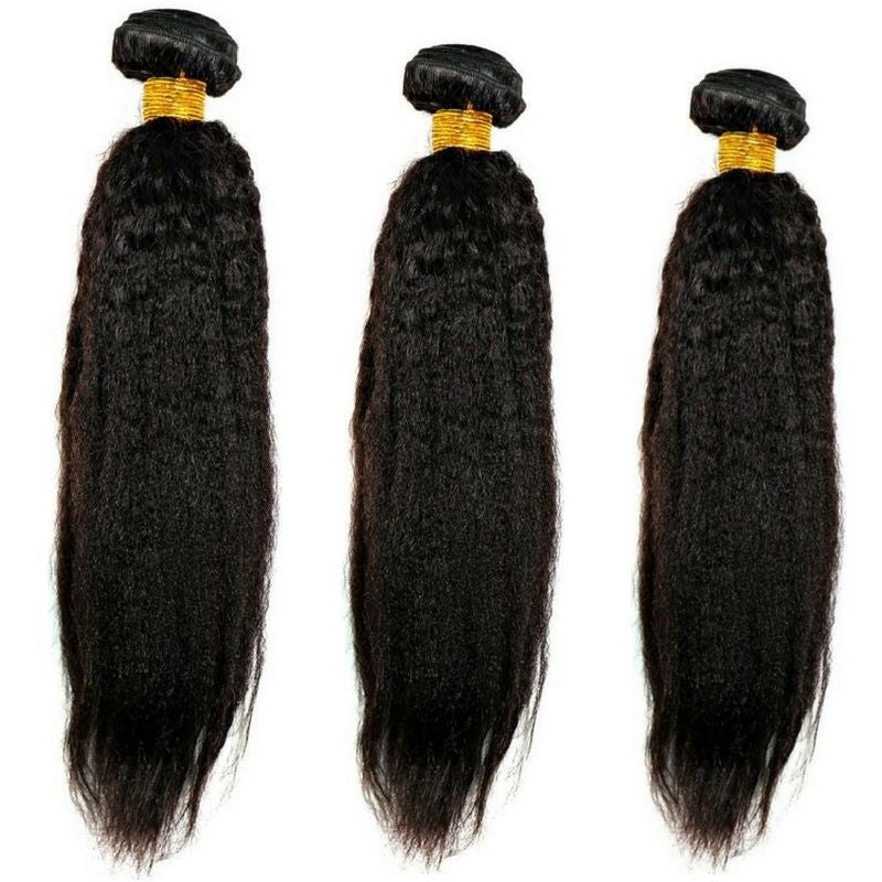 Three bundles of natural black kinky straight sew-in hair extensions standing upright on a white background with gold thread wrapped wefts