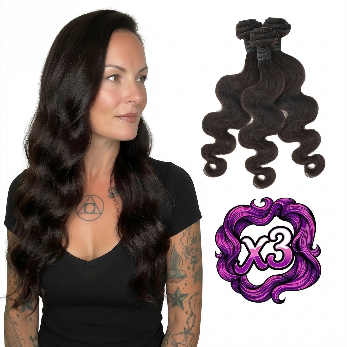 Sew In Hair Extensions - Malaysian Body Wave 3 Bundle Deal - Natural Black (1B) - model wearing with three bundles