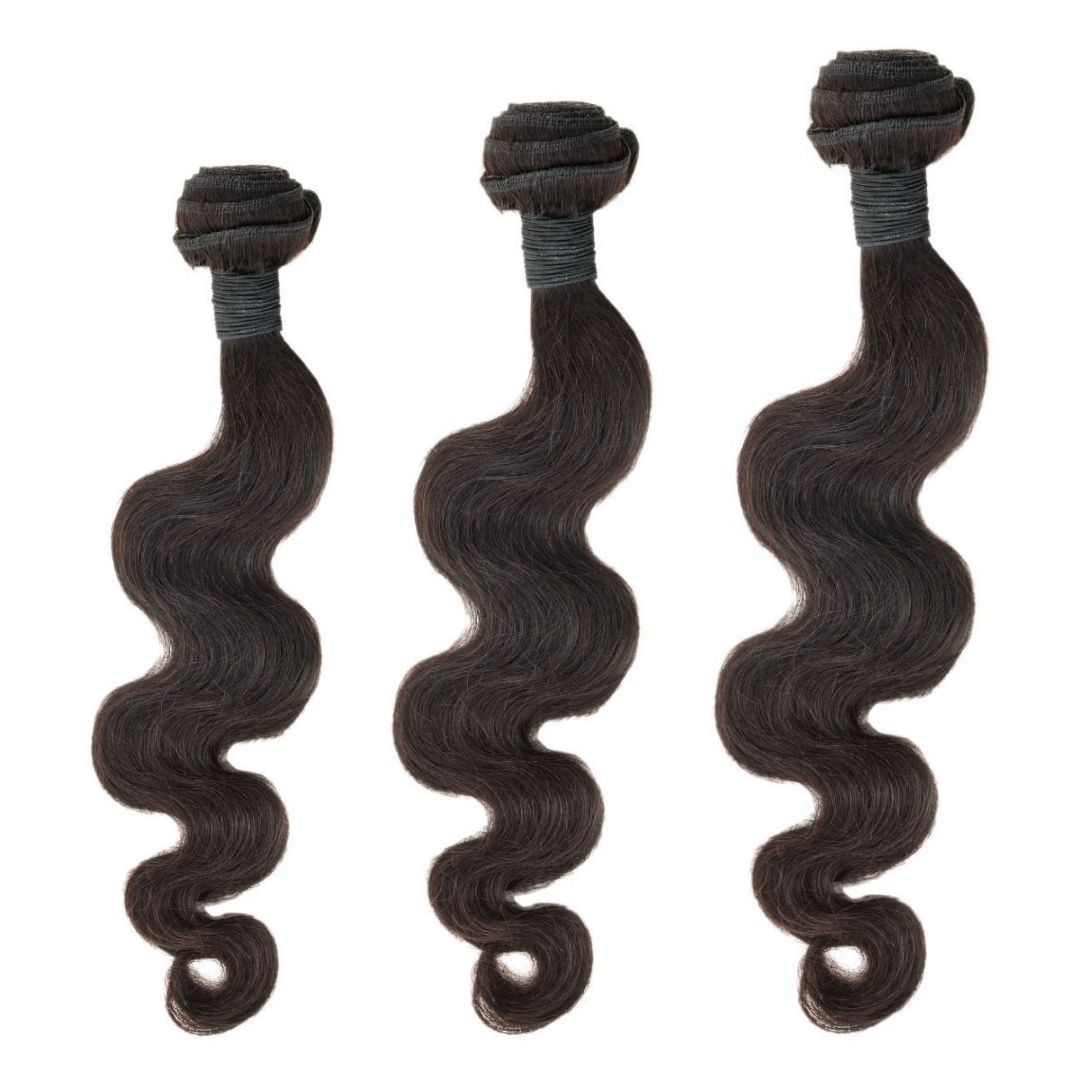 Sew In Hair Extensions - Malaysian Body Wave 3 Bundle Deal - Natural Black (1B) - three bundles showing wave pattern