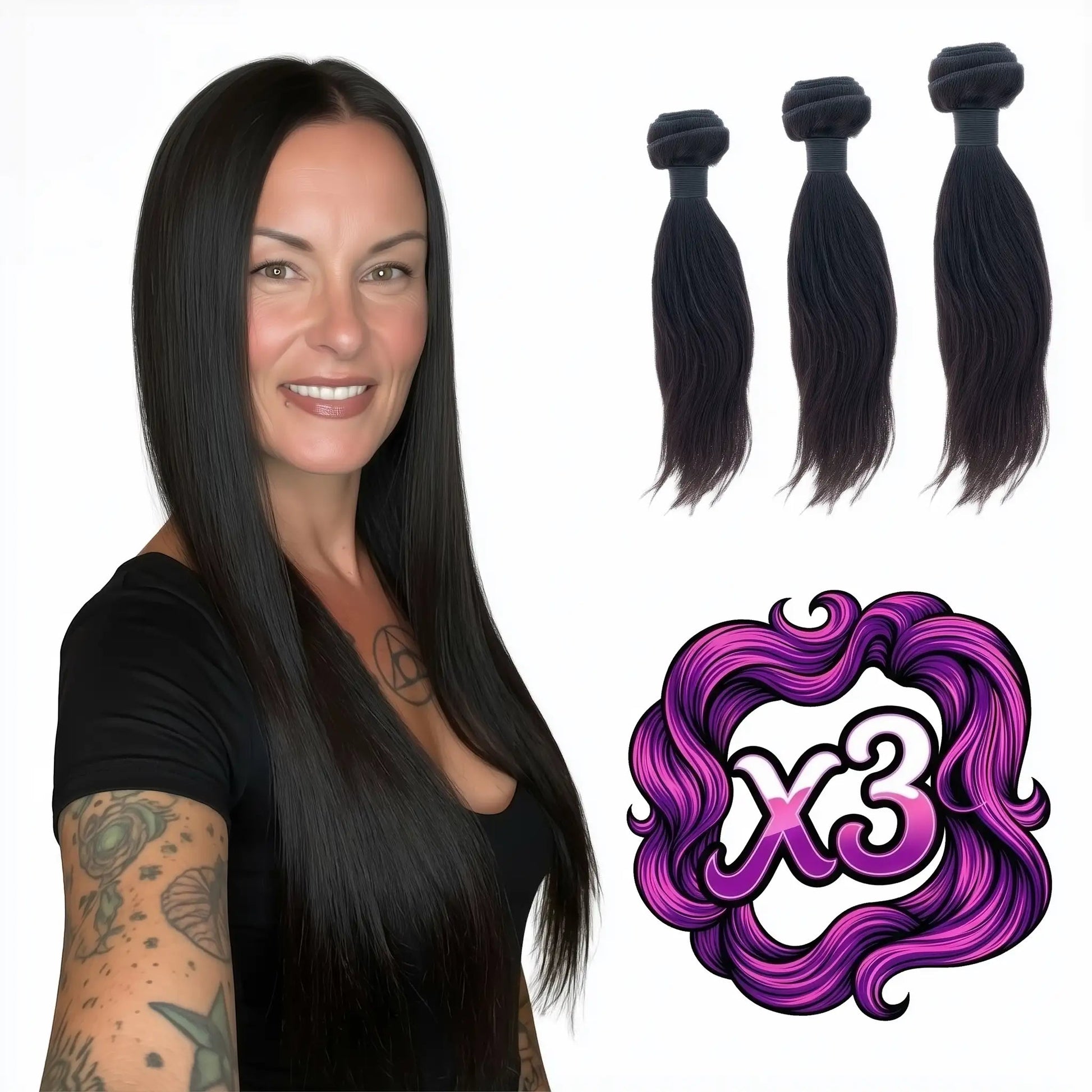 Sew In Hair Extensions - Malaysian Silky Straight 3 Bundle Deal - Natural Black (1B) - model and bundles