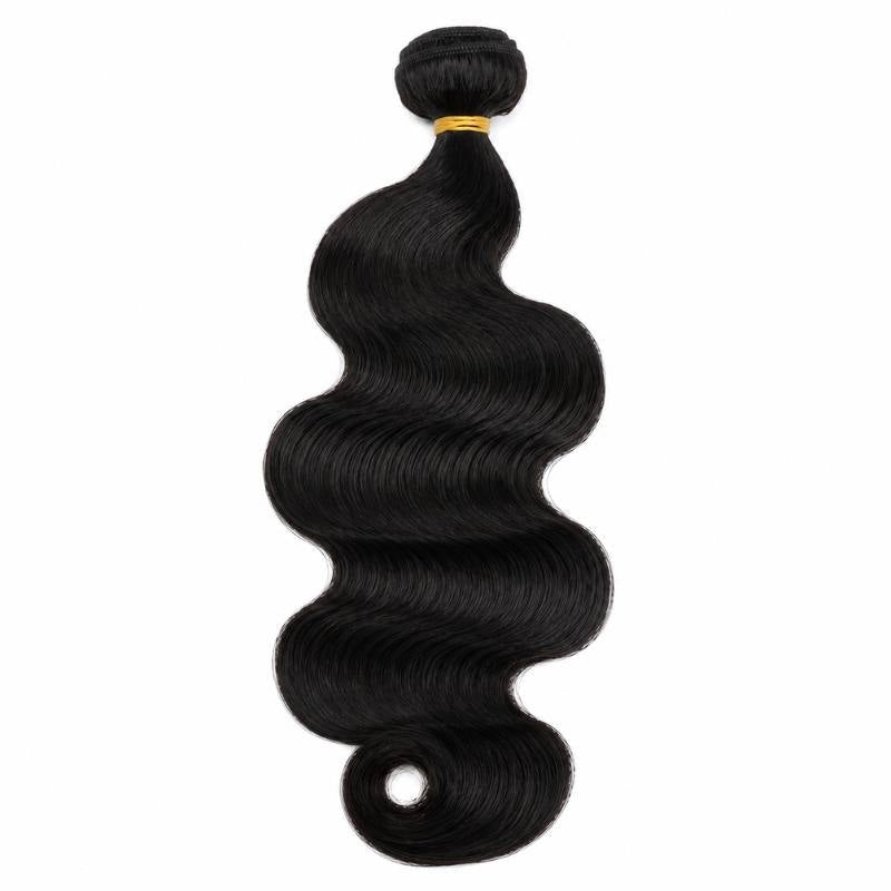 Single bundle of natural black body wave sew-in hair extensions standing on a white background with a gold band around the weft