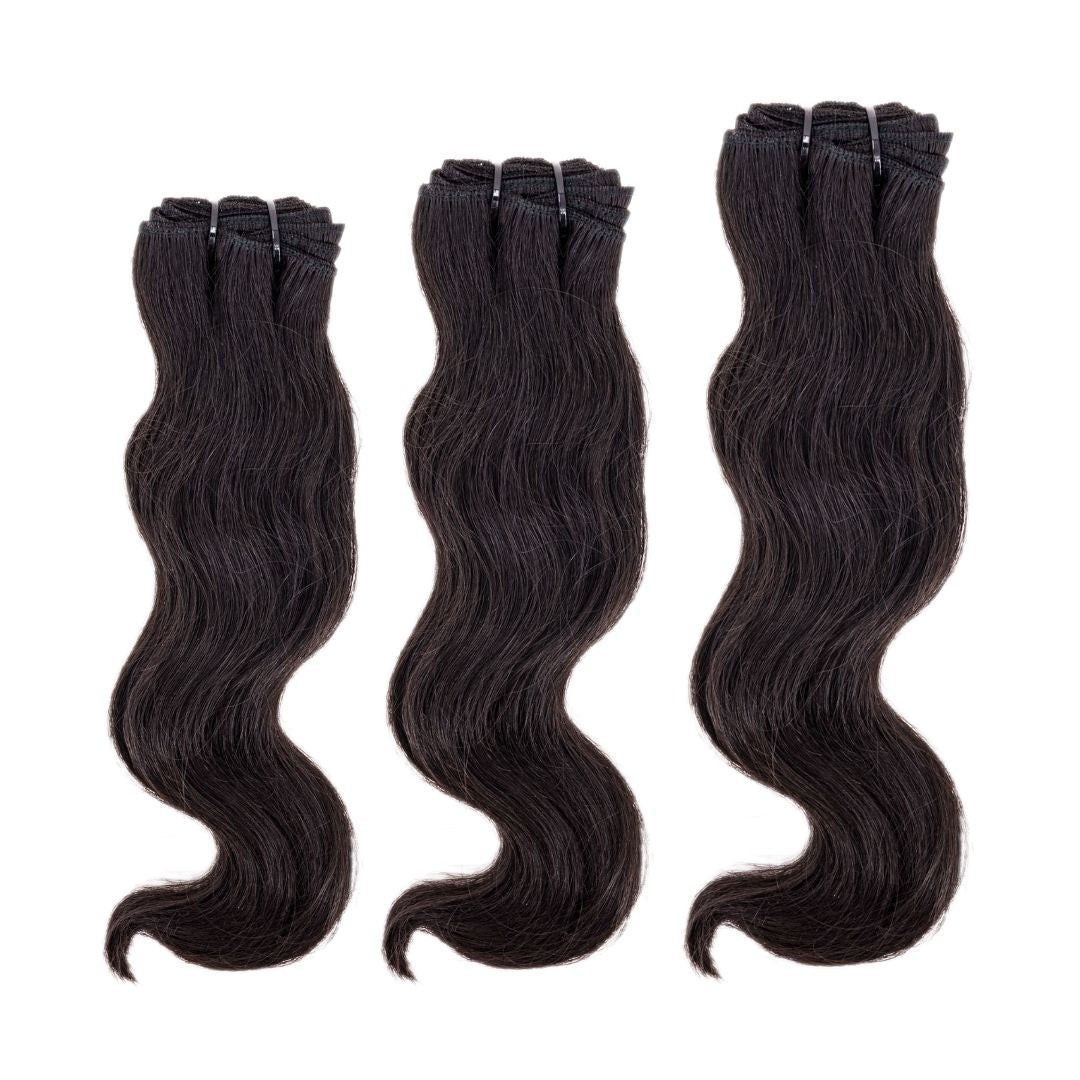 Sew In Hair Extensions - Raw Indian Wavy 3 Bundle Deal - Natural Black (1B) - Image 1