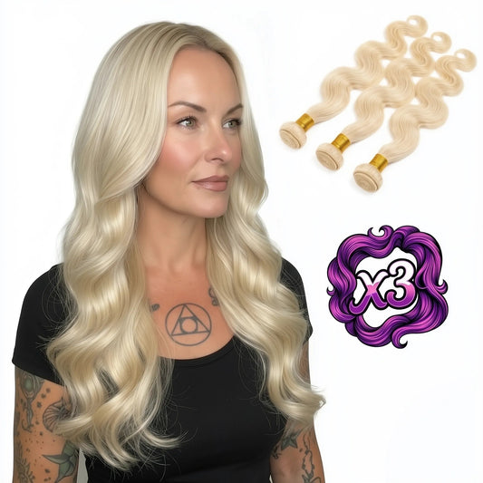 Sew In Hair Extensions - Russian Body Wave 3 Bundle Deal - Blonde (613) - model and bundles
