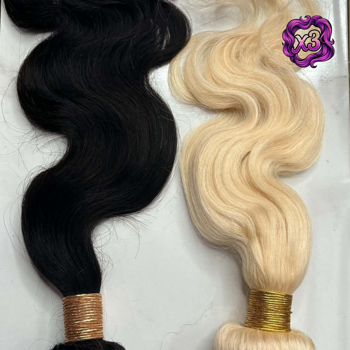 Side by side comparison of blonde 613 and natural black body wave sew-in hair extensions bundles showing wave pattern and color contrast