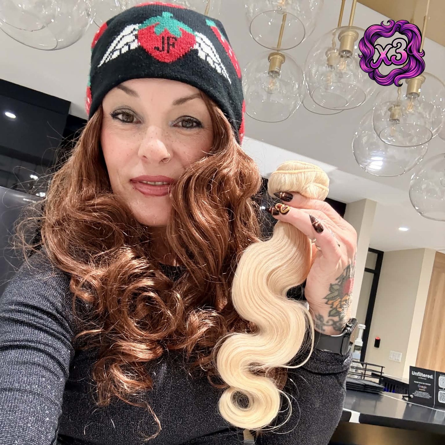 Model displaying blonde 613 body wave sew-in hair extensions 3 bundle deal showing wave definition and platinum color