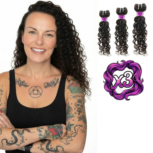 Sew In Hair Extensions - Spanish Wave 3 Bundle Deal - Natural Black (1B) - model wearing with three bundles