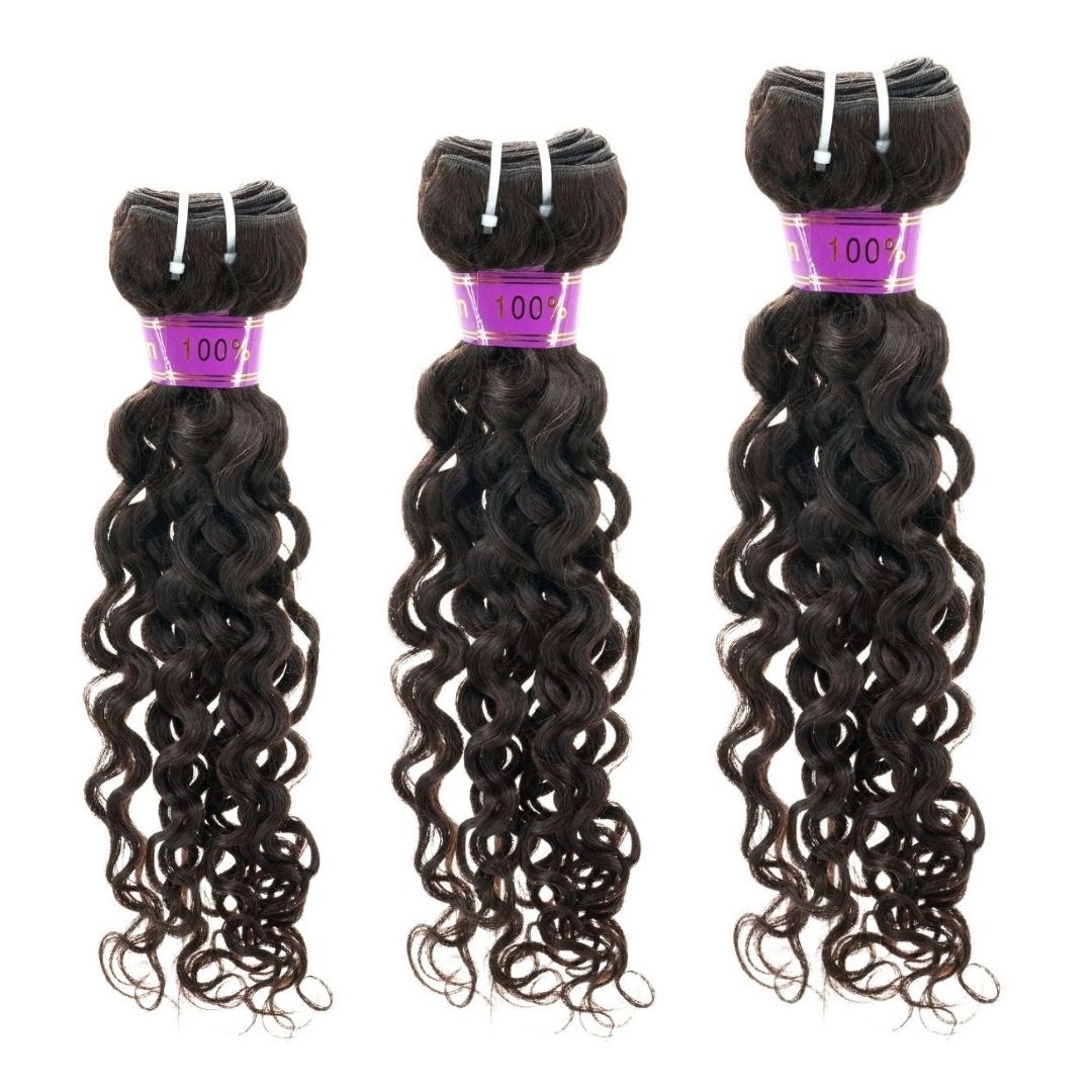 Sew In Hair Extensions - Spanish Wave 3 Bundle Deal - Natural Black (1B) - three bundles showing wave pattern