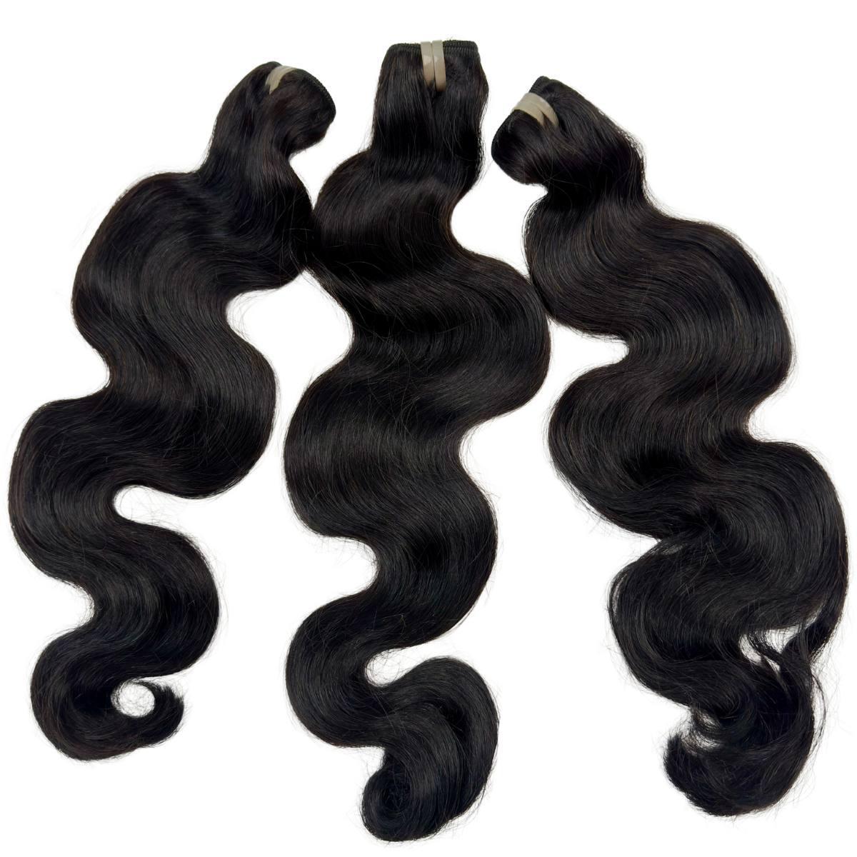 Sew In Hair Extensions - Vietnamese Body Wave 3 Bundle Deal - Natural Black (1B) - three bundles showing wave pattern