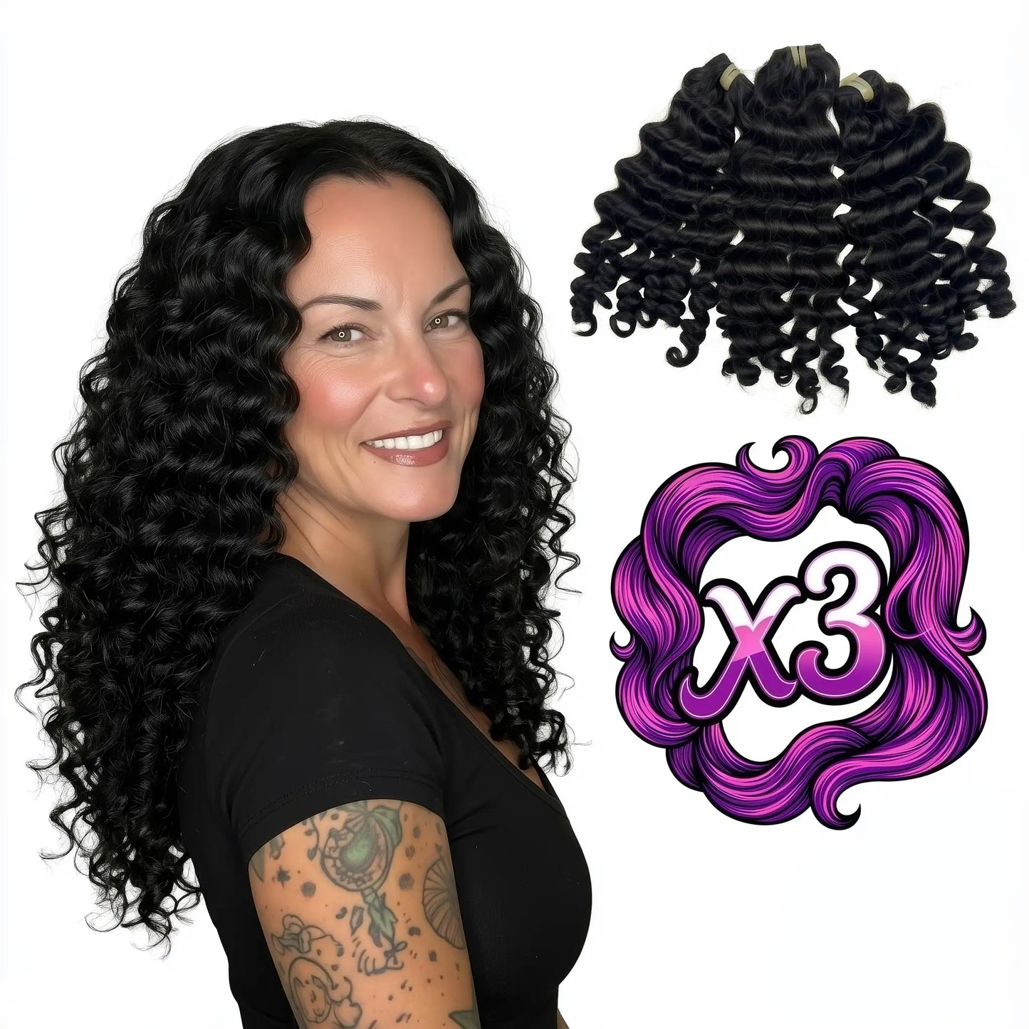 Sew In Hair Extensions - Vietnamese Ripple Curly 3 Bundle Deal - Natural Black (1B) - model wearing with three bundles