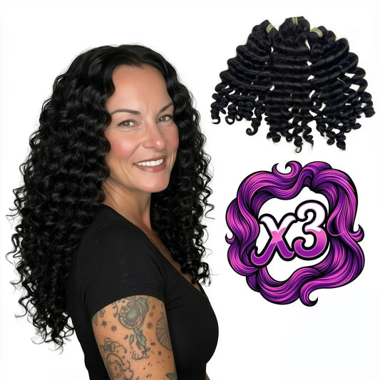Sew In Hair Extensions - Vietnamese Ripple Curly 3 Bundle Deal - Natural Black (1B) - model wearing with three bundles