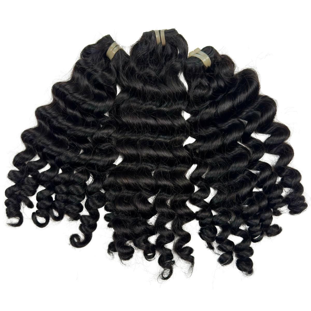 Sew In Hair Extensions - Vietnamese Ripple Curly 3 Bundle Deal - Natural Black (1B) - three bundles showing curl pattern