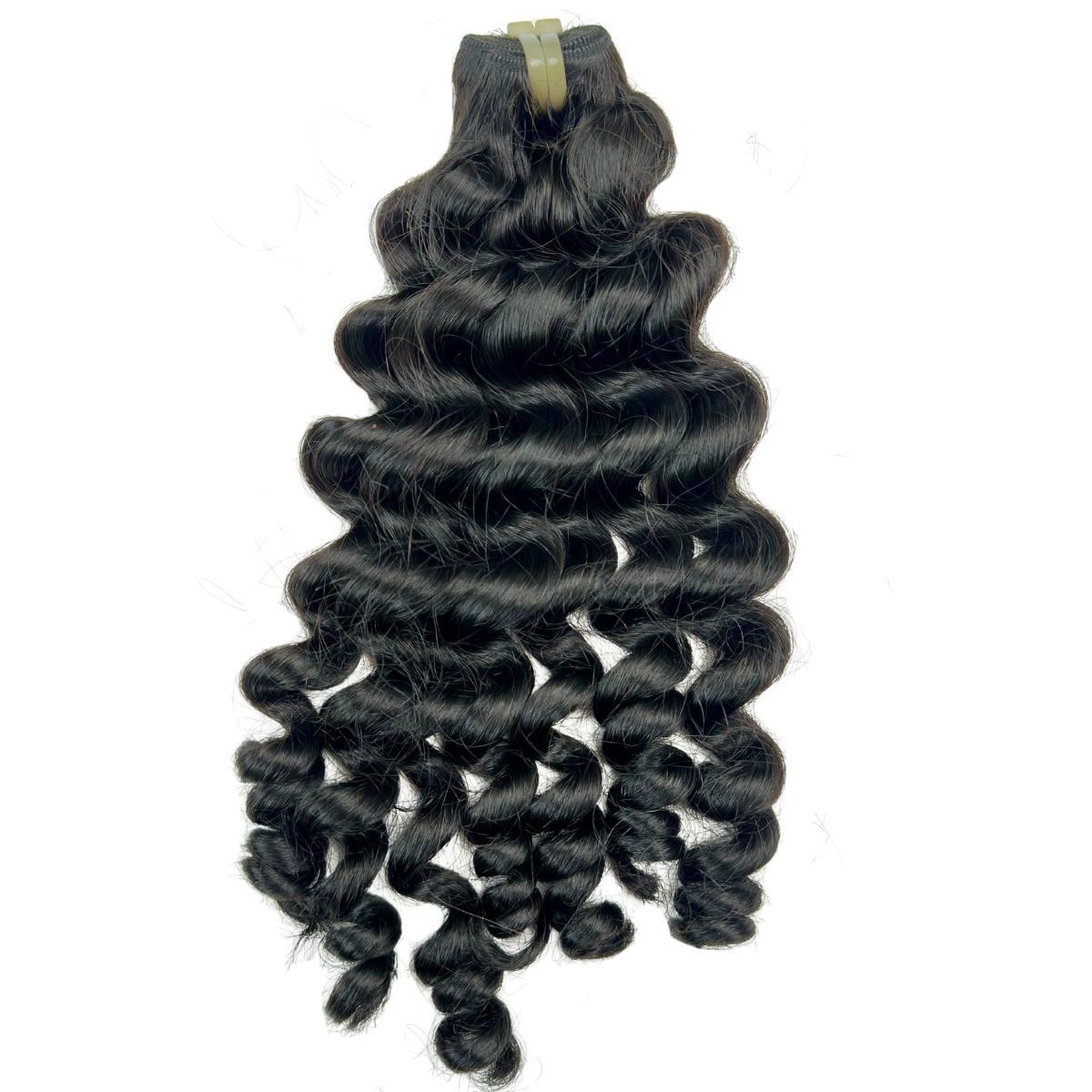 Sew In Hair Extensions - Vietnamese Ripple Curly 3 Bundle Deal - Natural Black (1B) - three bundles showing curly pattern full length