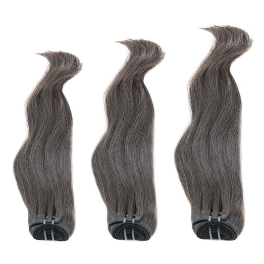Sew In Hair Extensions - Vietnamese Straight 3 Bundle Deal - Natural Black (1B) - three bundles standing with rolled wefts