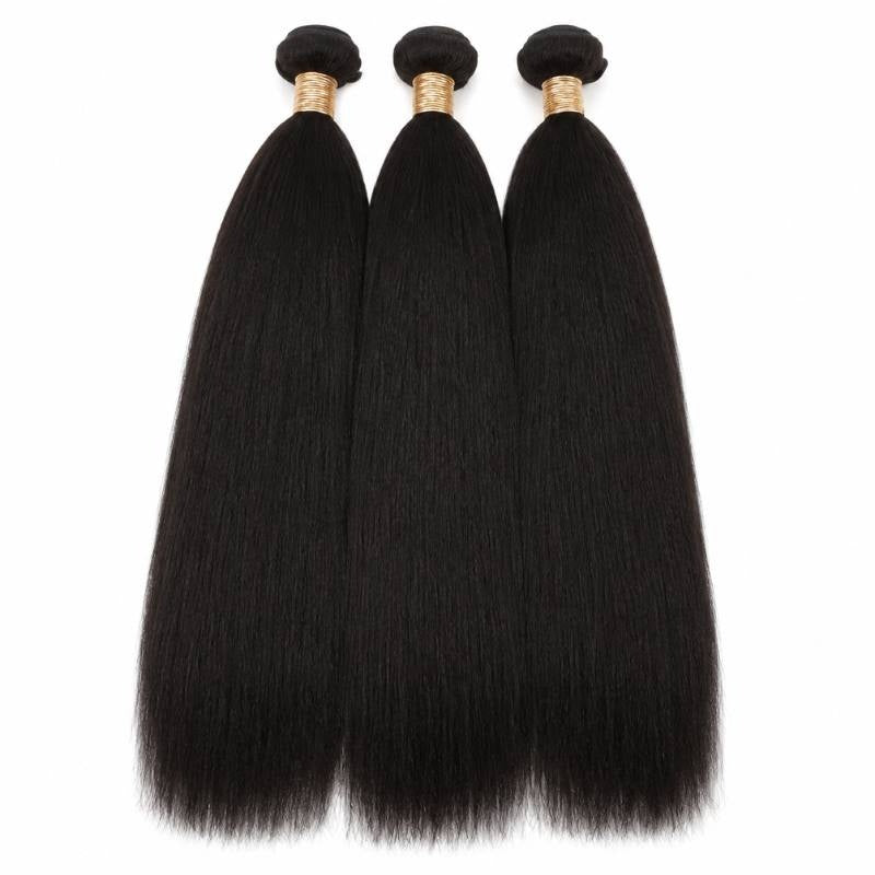 Three bundles of natural black yaki straight sew-in hair extensions overlapping on a white background with gold thread wrapped wefts