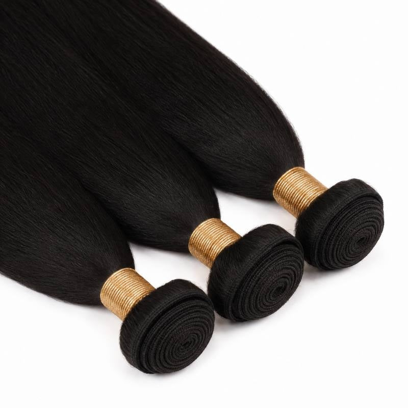 Three coiled wefts of natural black yaki straight sew-in hair extensions on a white backdrop, each bundle bound with gold thread