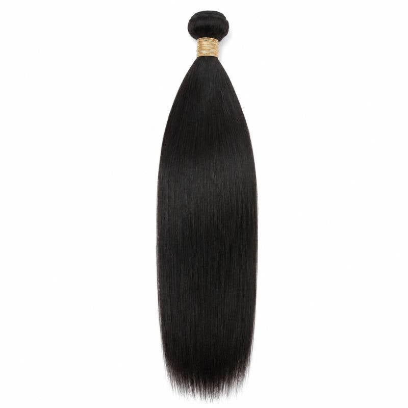 Single bundle of natural black yaki straight sew-in hair extensions hanging full length with gold thread wrapped around the weft