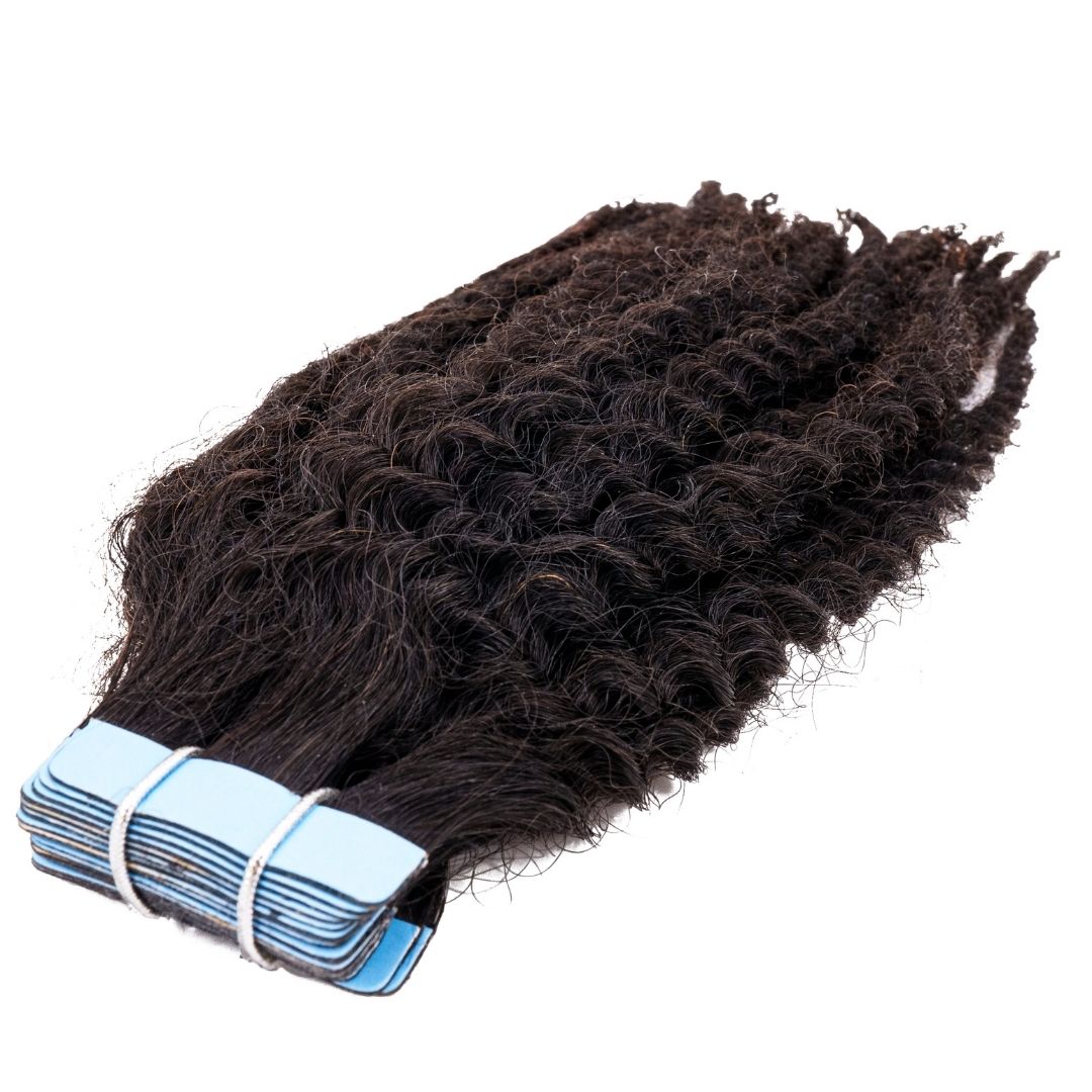 Tape In Hair Extensions - Afro Kinky Coily 4B-4C - Natural Black (1B) - stacked tape tabs with coily texture