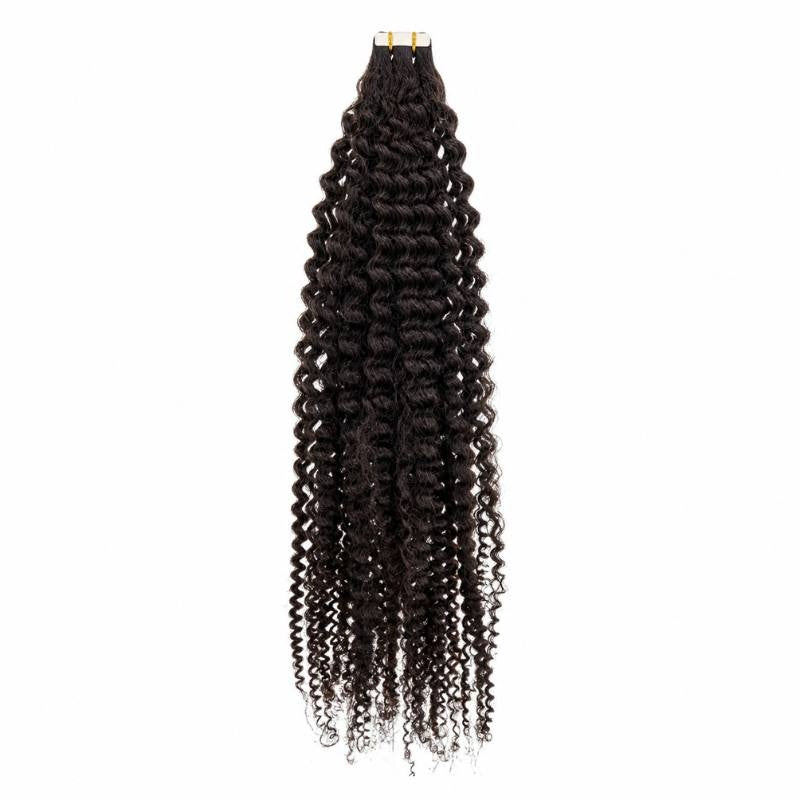 Bundle of natural black afro kinky coily tape-in hair extensions hanging full length with the adhesive tape tabs at the top