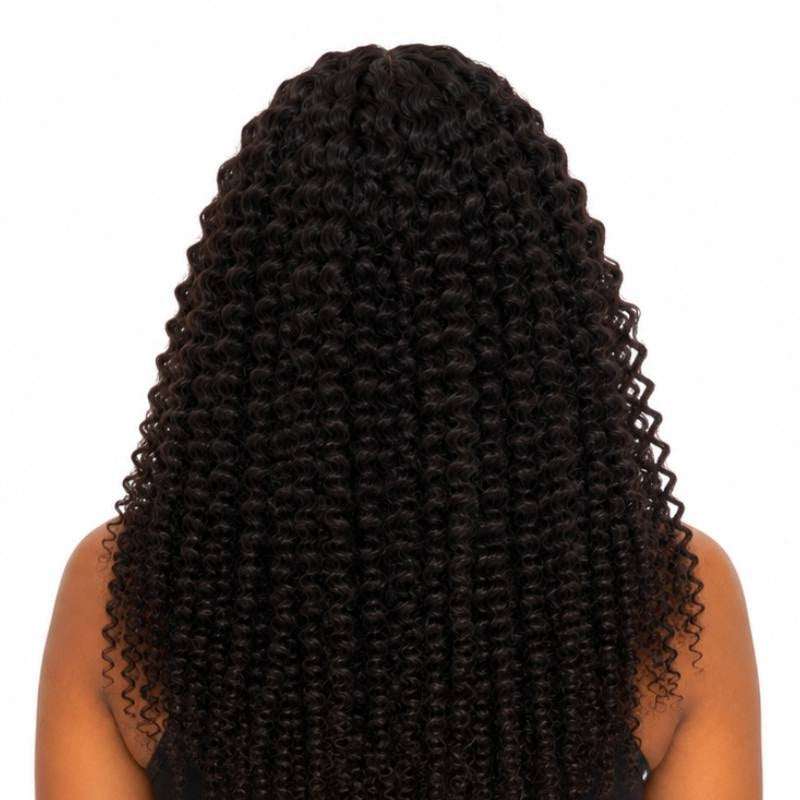 Back view of natural black afro kinky coily tape-in hair extensions on a model showing curl density from the crown down