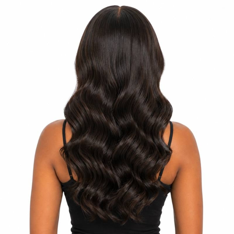 Back view of a model wearing natural black body wave tape-in hair extensions showing the wave pattern from crown to ends