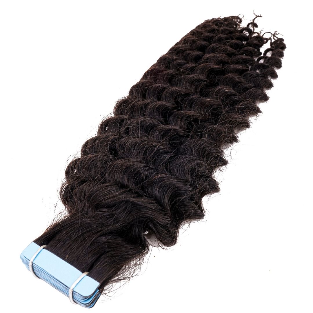 Tape In Hair Extensions - Kinky Curly 3B-3C - Natural Black (1B) - stacked tape tabs with curl pattern display