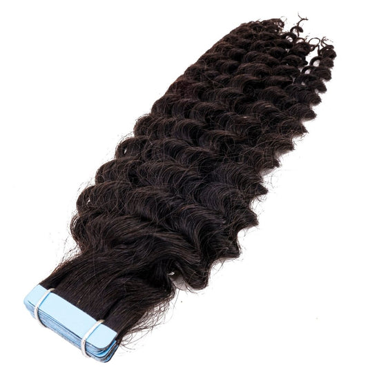 Tape In Hair Extensions - Kinky Curly 3B-3C - Natural Black (1B) - stacked tape tabs with curl pattern display