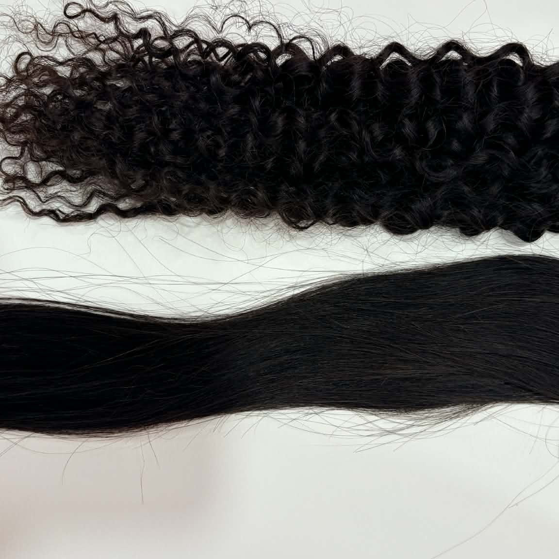 Texture comparison of 16 inch kinky curly 3B-3C tape-in hair extensions with straight tape-ins showing curly and straight textures side by side