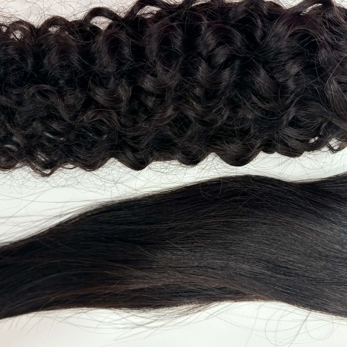 Texture comparison of 16 inch kinky curly 3B-3C tape-in hair extensions showing tape tabs and defined curl pattern next to straight extensions