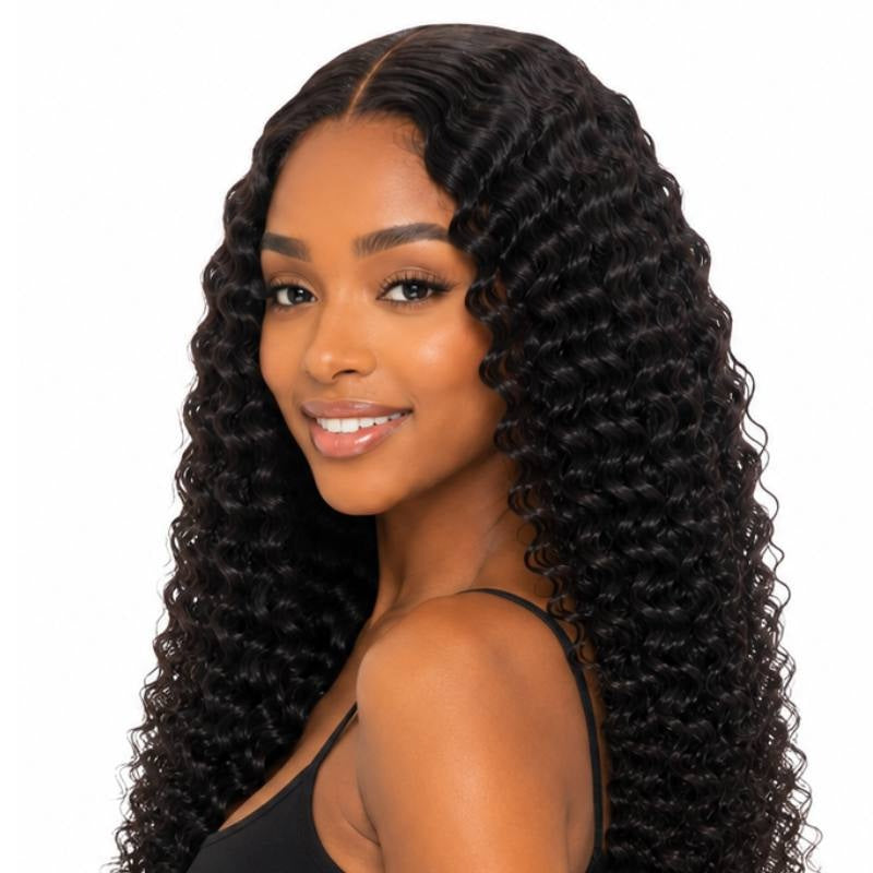 Model at an angle showing natural black kinky curly tape-in hair extensions with spiral curls falling past the shoulder