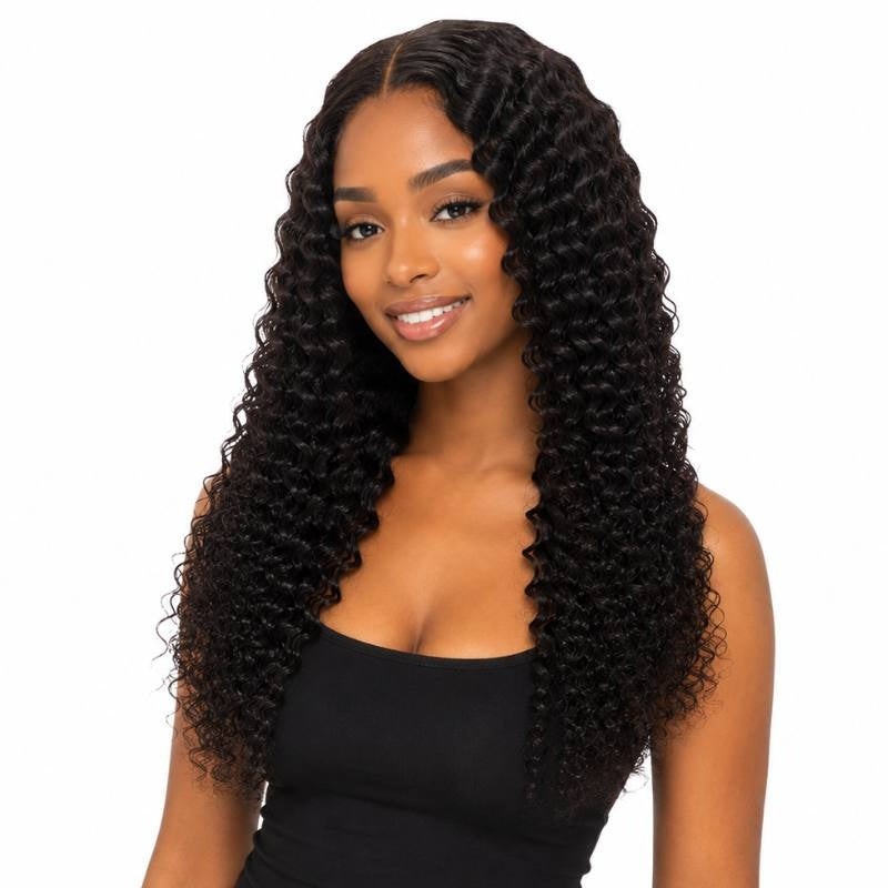 Model wearing natural black kinky curly tape-in hair extensions with a middle part, front view on a white backdrop