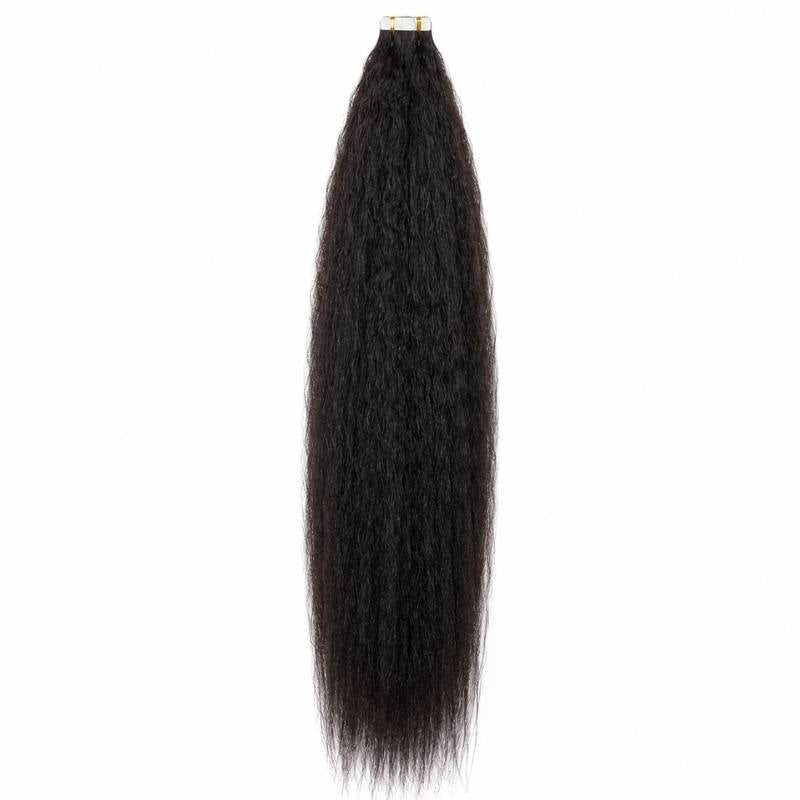 Natural black kinky straight tape-in hair extensions hanging full length from the adhesive tape tabs on a white backdrop
