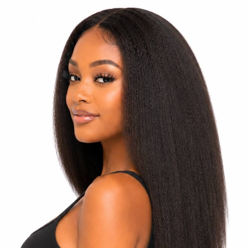 Model turned to the side showing natural black kinky straight tape-in hair extensions with a coarse straight texture past the shoulder