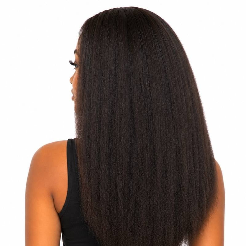 Rear three quarter view of natural black kinky straight tape-in hair extensions on a model showing the length down the back