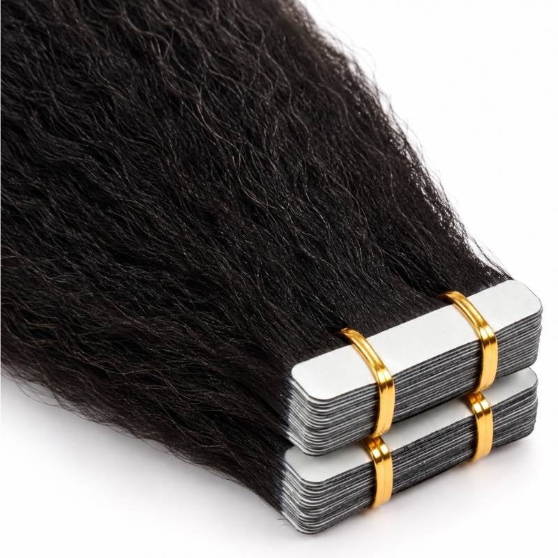 Close-up of two banded stacks of natural black kinky straight tape-in hair extensions showing the adhesive tape tabs