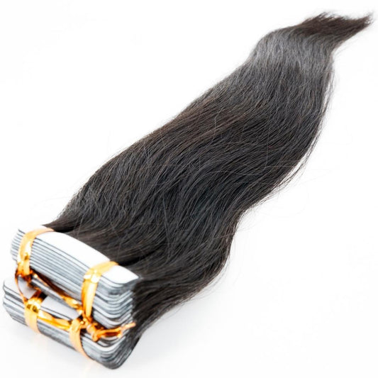 Tape In Hair Extensions - Straight - Natural Black (1B) - stacked tape tabs bundled with straight hair