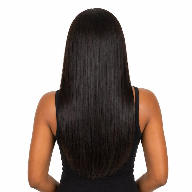 Back view of natural black straight tape-in hair extensions on a model showing the smooth length and blunt cut ends